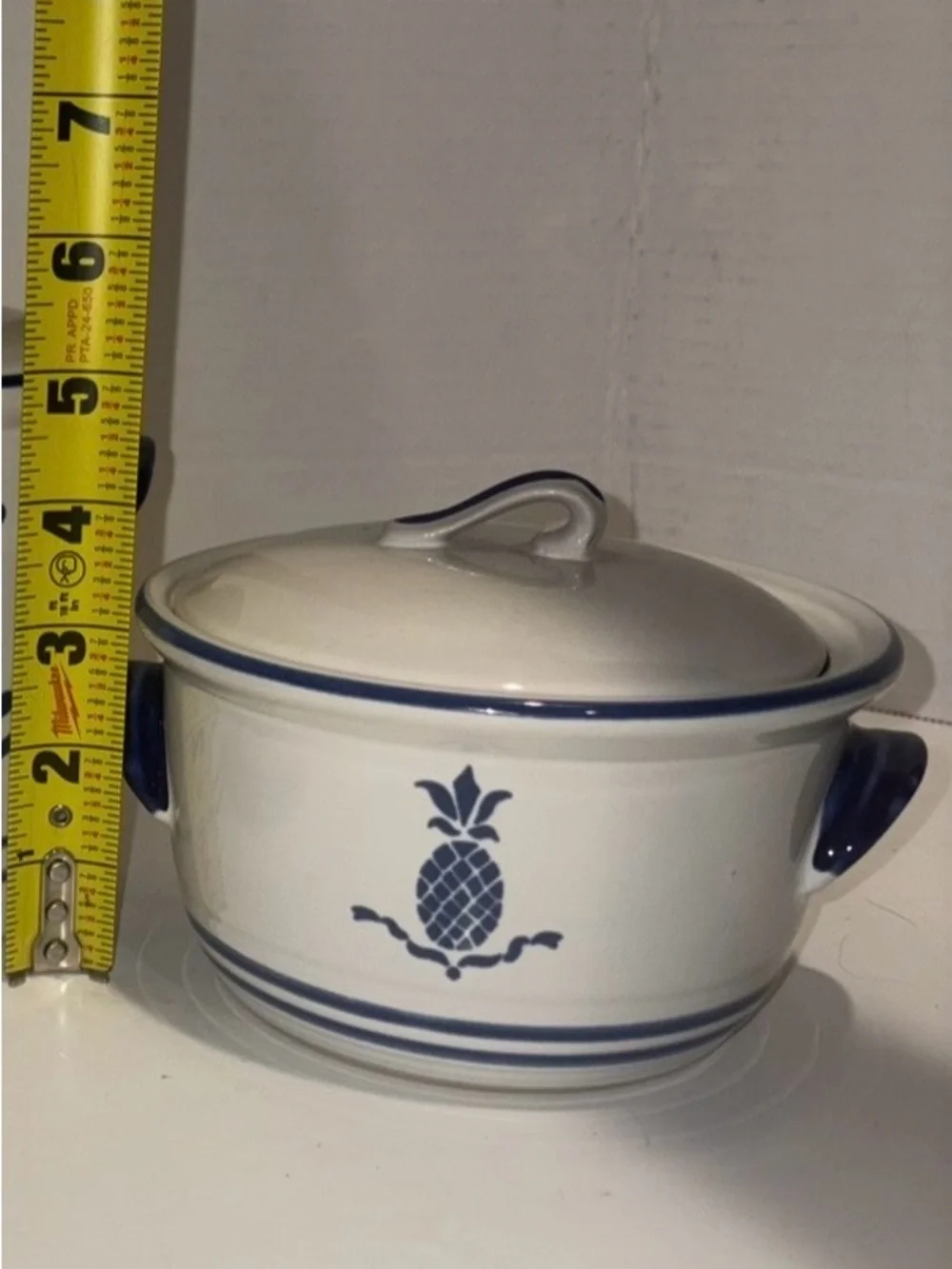 White and Blue Ceramic Covered Casserole with Pineapple Motif